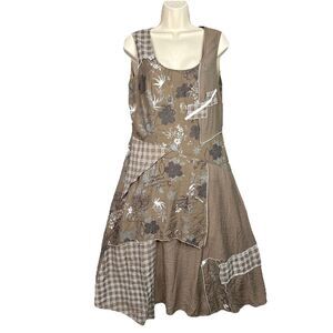 Lan Vie Dress Midi Womens Sz 6 Brown Floral Plaid Patchwork Art to Wear Cottage